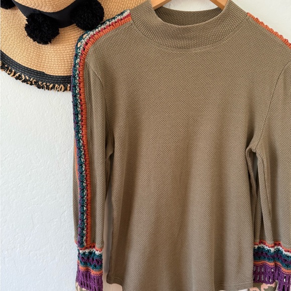 Free People Olive Green Switch It Up Crochet Trim Long Sleeve Thermal Top Large - Picture 12 of 16